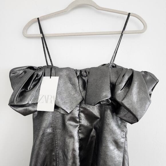 Zara Metallic Silver Spaghetti Strap Mini Dress Ruffle Neckline Small - Picture 7 of 10
